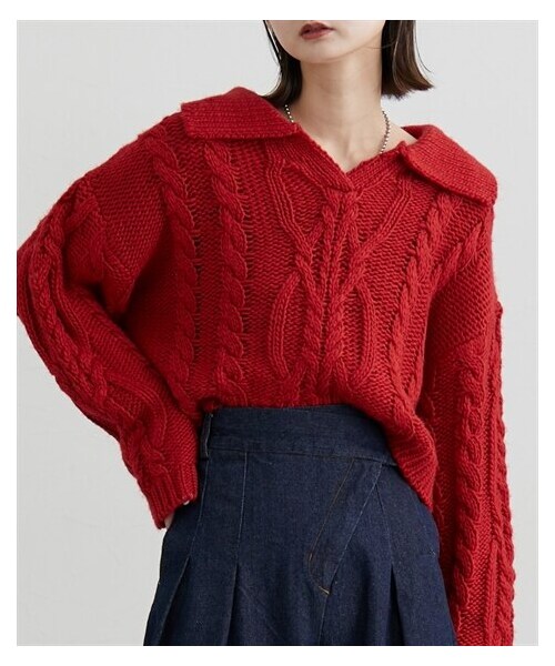 nissen（ニッセン）の「クロップド開襟プルオーバー（ニット/セーター・レディース・赤/グレー/アイボリー・F）」の7枚目の写真