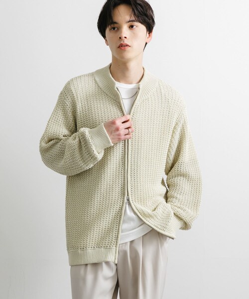 SENSE OF PLACE by URBAN RESEARCH（センスオブプレイスバイアーバンリサーチ）の「『ユニセックス』『洗濯可』シアーメッシュドライバーズカーディガン（カーディガン/ボレロ・メンズ・BLACK/IVORY/MINT・M/L）」の5枚目の写真