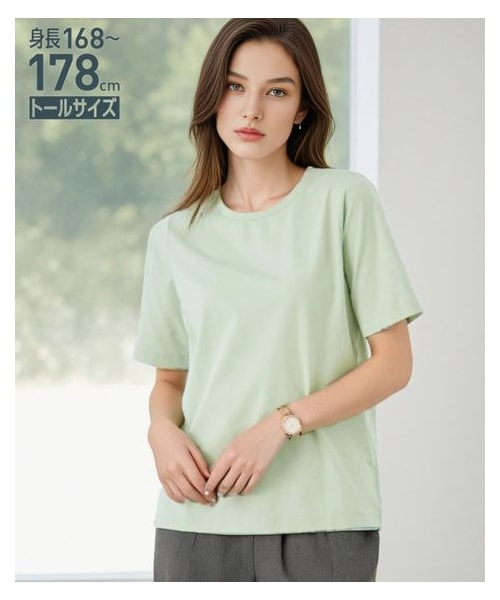 nissen（ニッセン）の「高身長　綿混ONにもOFFにも使えるキレイ見えＴシャツ　（トールサイズ）（Tシャツ/カットソー・レディース・ホワイト/ブルー/グレー/黒/ブルーグレー/ミントグリーン・MTT/LTT/LLTT/3LTT/4LTT/5LTT）」の5枚目の写真