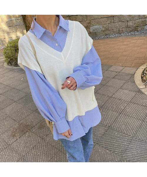 copine(コピン)の「袖ボリュームストライプビッグカラーシャツ(3color)(シャツ/ブラウス・レディース・グリーン/ブルー/ブラック・F)」の3枚目の写真