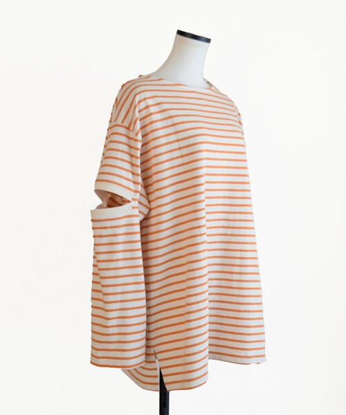 Marient(マリエント)の「ボーダースリットロンTEE(Tシャツ/カットソー・レディース・ブルー/オレンジ/グリーン/ブラック・FREE)」の4枚目の写真