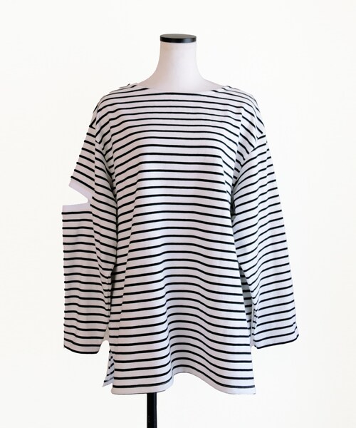 Marient(マリエント)の「ボーダースリットロンTEE(Tシャツ/カットソー・レディース・ブルー/オレンジ/グリーン/ブラック・FREE)」の2枚目の写真