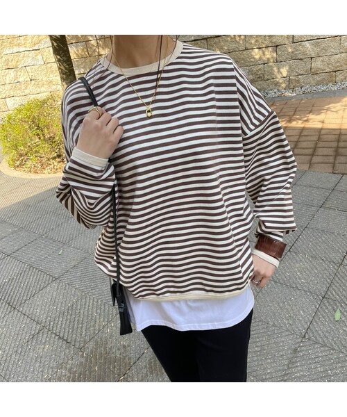 copine(コピン)の「ボーダー長袖トップス(3color)(Tシャツ/カットソー・レディース・ブラウン/ブルー/ブラック・ワンサイズ)」の1枚目の写真