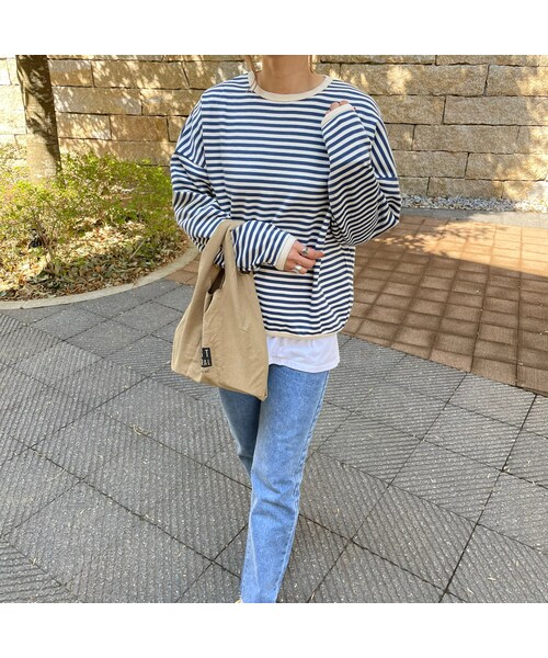 copine(コピン)の「ボーダー長袖トップス(3color)(Tシャツ/カットソー・レディース・ブラウン/ブルー/ブラック・ワンサイズ)」の3枚目の写真