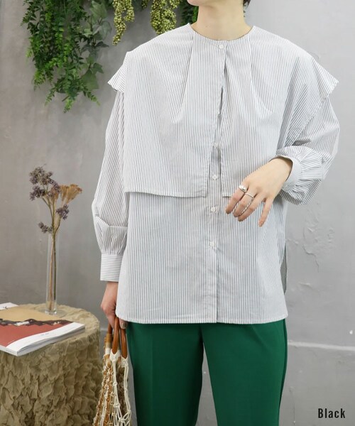 Sheson（シーズン）の「ビックカラーレイヤードストライプブラウス（シャツ/ブラウス・レディース・ブルー/ブラック・F）」の2枚目の写真