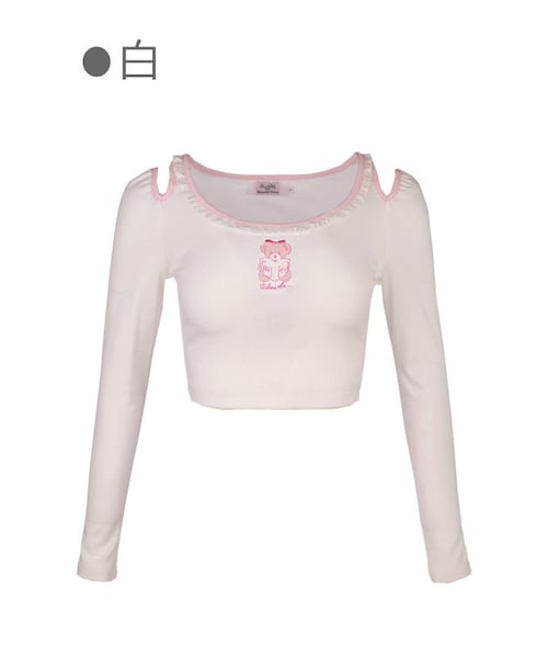 Bobon21(ボボンニジュウイチ)の「Study Bear肩開きチビ丈Tシャツ-全2色-(Tシャツ/カットソー・レディース・ホワイト/ピンク・S/M/L)」の1枚目の写真