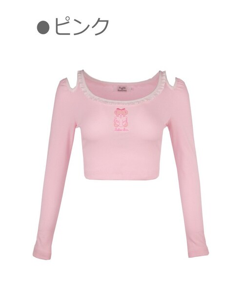 Bobon21(ボボンニジュウイチ)の「Study Bear肩開きチビ丈Tシャツ-全2色-(Tシャツ/カットソー・レディース・ホワイト/ピンク・S/M/L)」の2枚目の写真