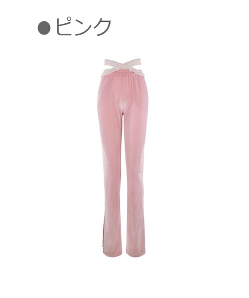 Bobon21（ボボンニジュウイチ）の「クロスフリル2WAYベロアロングパンツ-全２色-（スウェットパンツ・レディース・ホワイト/ピンク・S/M/L）」の2枚目の写真