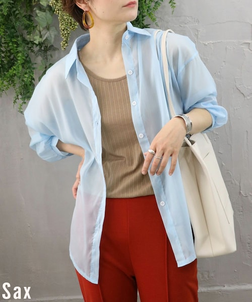 Sheson（シーズン）の「シャイニーシアーシャツ（シャツ/ブラウス・レディース・オレンジ/グレー/パープル/ブルー/ベージュ・F）」の4枚目の写真