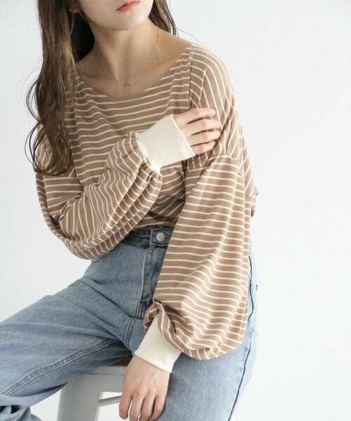 Crisp（クリスプ）の「ボリュームスリーブボーダーTシャツ[c1R3055]（Tシャツ/カットソー・レディース・ブルー/ブラウン/ピンク・FREE）」の2枚目の写真