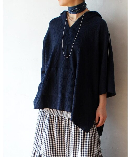 L'Ancre（アンカー）の「L'Ancre (アンカー）ケーブルジャガードメキシカンパーカー（パーカー・レディース・グレー/ブルー・Free）」の2枚目の写真