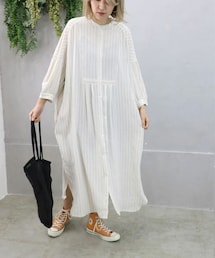 Sheson | ノーカラーリネンストライプワンピース(シャツワンピース)