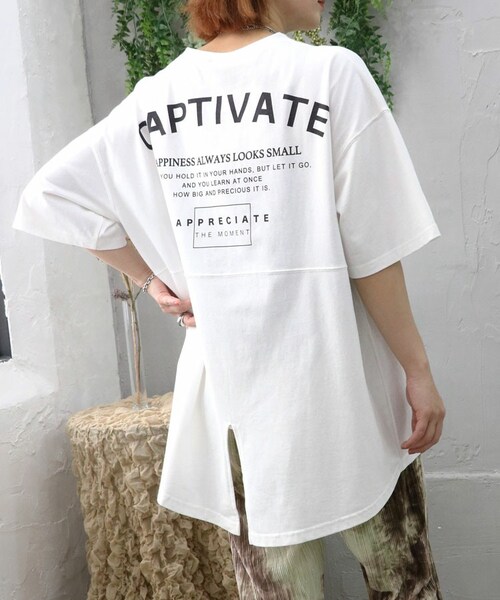 Sheson(シーズン)の「ハンドプリントバックロゴスリットチュニック(Tシャツ/カットソー・レディース・ホワイト/ブルー/ブラック・F)」の1枚目の写真