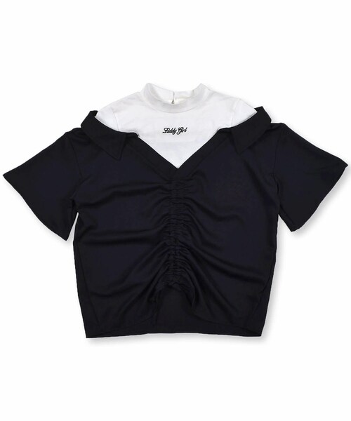 ZIDDY(ジディ)の「センター ギャザー レイヤード風 シャツ (130~160cm)(Tシャツ/カットソー・キッズ・ベージュ/ブラック・150)」の2枚目の写真