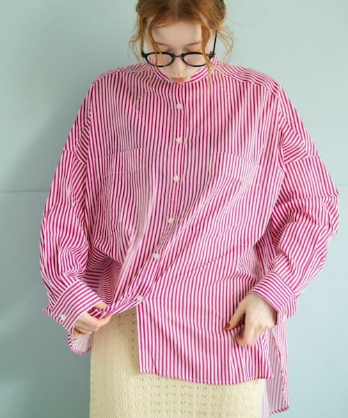 Crisp（クリスプ）の「ストライプオーバーシャツ[c1wg3013]（シャツ/ブラウス・レディース・グリーン/ピンク・FREE）」の2枚目の写真