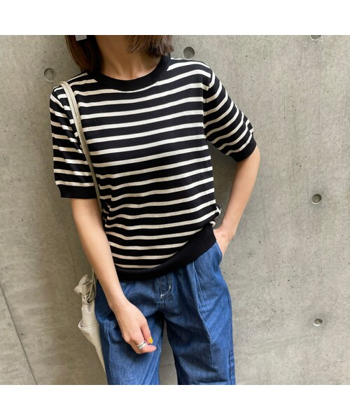 copine（コピン）の「ボーダー半袖サマーニット(2color)（Tシャツ/カットソー・レディース・アイボリー/ブラック・ワンサイズ）」の2枚目の写真