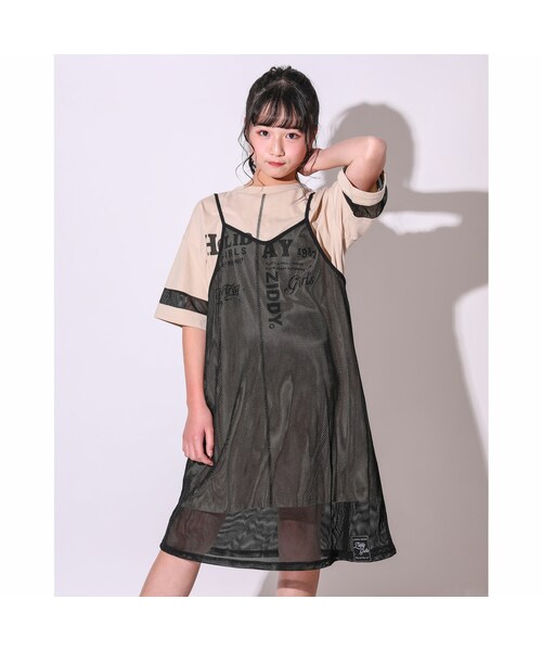 ZIDDY(ジディ)の「【ニコ☆プチ掲載】 チュールキャミワンピース + Tシャツワンピース セット (130~160cm)(ワンピース・キッズ・ベージュ/ブラック・150)」の1枚目の写真