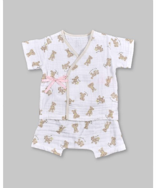 SLAP SLIP BABY（スラップスリップベビー）の「総柄 ガーゼ カシュクール 上下 セット (70~80cm)（ベビーパジャマ/スリーパー・キッズ・ピンク/ホワイト/レッド/ベージュ・ワンサイズ）」の3枚目の写真