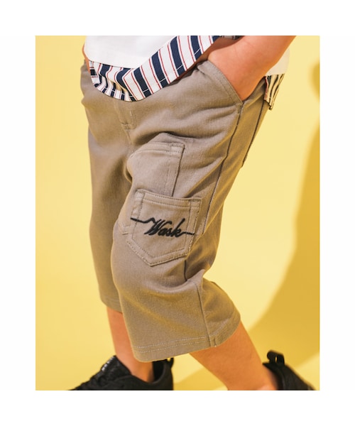 WASK(ワスク)の「【 防汚加工 】 5.5分丈 ダブル ポケット ツイル ニット パンツ(100~160cm)(カーゴパンツ・キッズ・ベージュ/グレー・110)」の1枚目の写真