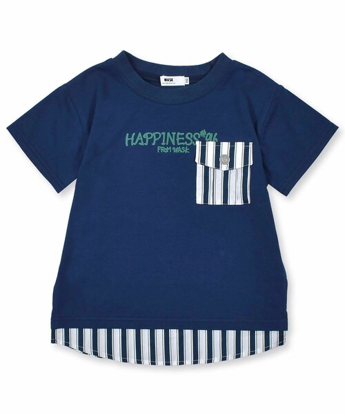 WASK（ワスク）の「【 速乾 】 ストライプ ポケット付き シャツ レイヤード風 天竺 Tシャツ（100~160cm）（Tシャツ/カットソー・キッズ・ホワイト/ブルー・110）」の2枚目の写真