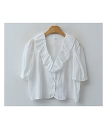 ENVYLOOK | ラッフルVネックパフ半袖クロップドブラウス(シャツ/ブラウス)