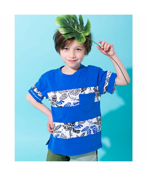 WASK（ワスク）の「天竺 ロゴ ボタニカル柄 BIG Tシャツ (100~160cm)（Tシャツ/カットソー・キッズ・ホワイト/ブルー・110）」の2枚目の写真