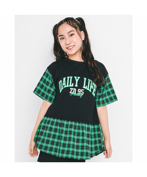 ZIDDY(ジディ)の「チェック 切り替え 裏毛 ロゴ レイヤード Tシャツ (130~160cm)(Tシャツ/カットソー・キッズ・グリーン/ブラック・150)」の1枚目の写真