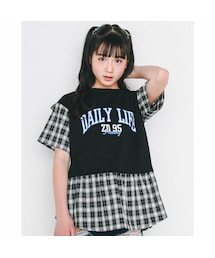 ZIDDY | チェック 切り替え 裏毛 ロゴ レイヤード Tシャツ (130~160cm)(Tシャツ/カットソー)