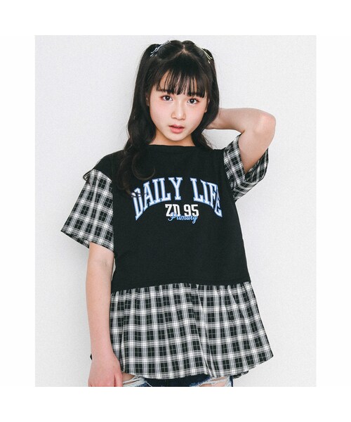 ZIDDY(ジディ)の「チェック 切り替え 裏毛 ロゴ レイヤード Tシャツ (130~160cm)(Tシャツ/カットソー・キッズ・グリーン/ブラック・150)」の2枚目の写真