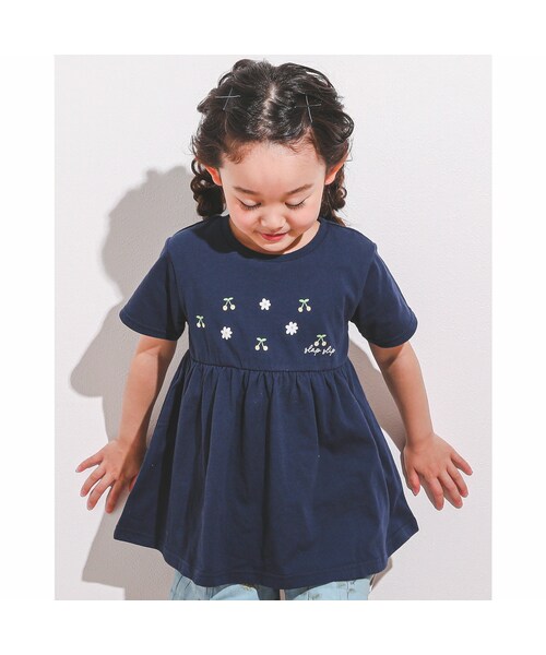 SLAP SLIP(スラップスリップ)の「チェリー 花柄 プリント フレア 切り替え Tシャツ (80~130cm)(Tシャツ/カットソー・キッズ・ブルー/ピンク・110)」の1枚目の写真