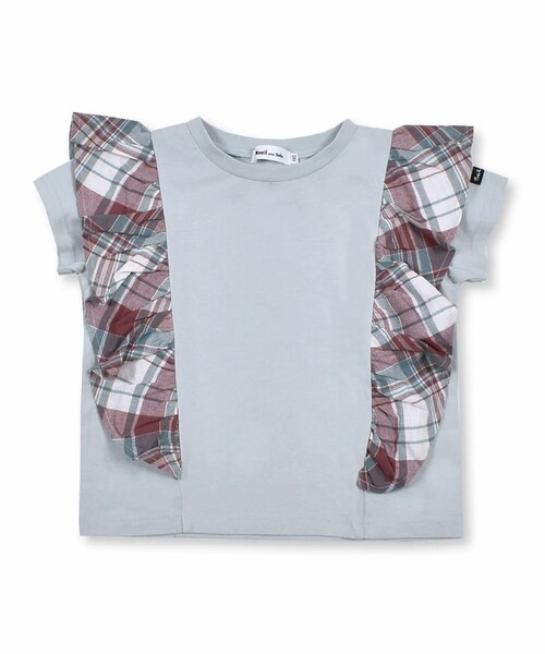 Noeil aime BeBe（ノイユエイムベベ）の「肩 チェック 柄 フリル 付き 天竺 Tシャツ (80~130cm)（Tシャツ/カットソー・キッズ・ブルー/グリーン・110）」の2枚目の写真