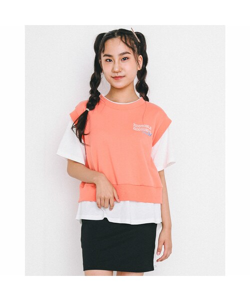 ZIDDY(ジディ)の「レイヤード Tシャツ + スカパン セット (130~160cm)(Tシャツ/カットソー・キッズ・オレンジ/グリーン・150)」の1枚目の写真