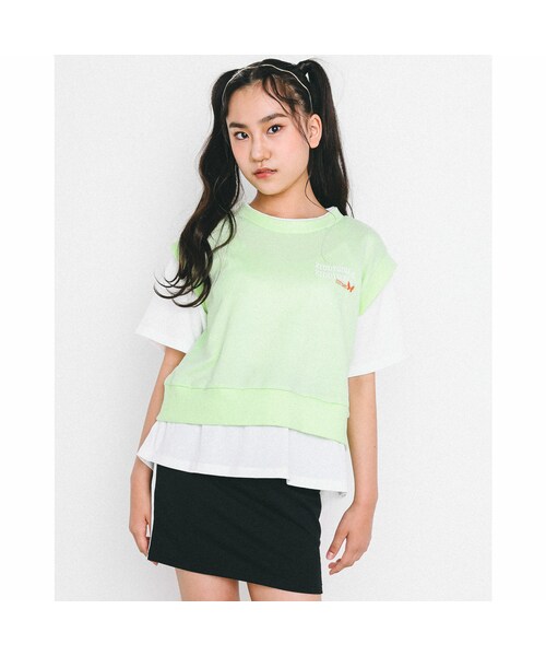 ZIDDY(ジディ)の「レイヤード Tシャツ + スカパン セット (130~160cm)(Tシャツ/カットソー・キッズ・オレンジ/グリーン・150)」の2枚目の写真