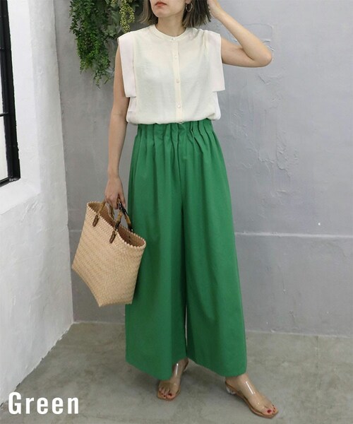 Sheson(シーズン)の「ウエストフリルコットンリネンワイドパンツ(その他パンツ・レディース・ベージュ/ブルー/グリーン/ブラック・M)」の3枚目の写真