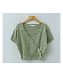 サイドボタンラップ風クロップド半袖ニットカーディガン