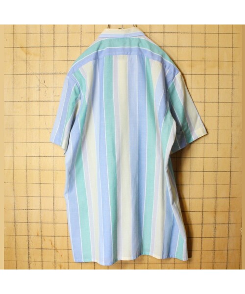 EURO古着 80s～90s ストライプ 比翼ワイドシャツブラウス 緑 オールド 90s 90年代ヴィンテージ 赤タグブルックスブラザーズ Brooks