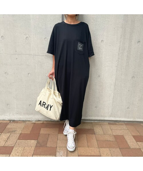 copine(コピン)の「胸ポケットロゴ&バックロゴゆったりTシャツワンピース(ブラック)(ワンピース・レディース・ブラック・ワンサイズ)」の1枚目の写真