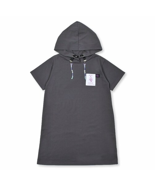 ZIDDY(ジディ)の「カラーステッチ ビーズ 付 カットソー フード ワンピース (130~160cm)(ワンピース・キッズ・グリーン/グレー・150)」の2枚目の写真