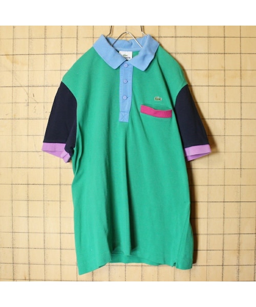 フランス企画 フレンチラコステ Lacoste 半袖 ポロシャツ クレイジーパターン グリーン ブラック ピンク メンズM相当 ワンポイント ヨーロッパ古着