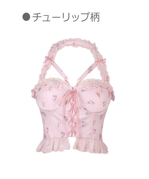 Bobon21（ボボンニジュウイチ）の「ホルターネックレースアップミニ丈ビスチェ-全２色-（シャツ/ブラウス・レディース・ホワイト/ピンク・S/M/L）」の2枚目の写真
