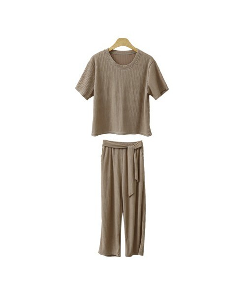 ENVYLOOK(エンビールック)の「楊柳リブカットソー半袖ラウンドTシャツ+リボンワイドパンツ(その他トップス・レディース・화이트/베이지/그린/블랙・F(44-66))」の3枚目の写真
