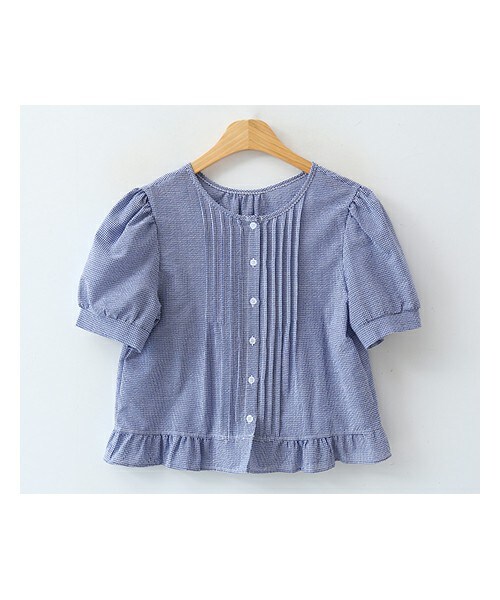 ENVYLOOK(エンビールック)の「ピンタックパフ半袖フリルヘムチェックブラウス(シャツ/ブラウス・レディース・블루/블랙・FREE(44-66) )」の1枚目の写真