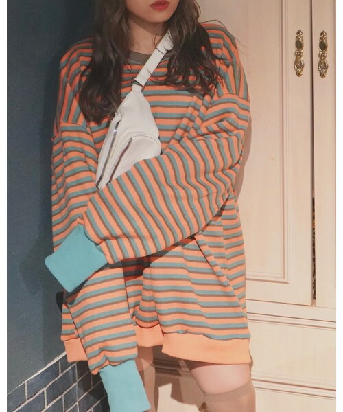 A.D.G（エーディージー）の「Oversized Multi Border Sweat PO (TRQ-ORG)（スウェット・レディース・オレンジ・FREE）」の2枚目の写真