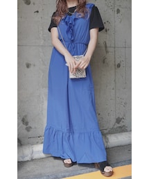 A.D.G（エーディージー）の「Frill Desing Salopette Pants (royal blue)（サロペット/オーバーオール・レディース）」