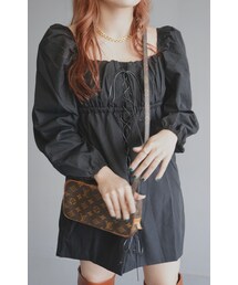 Lace-Up Puffsleeve Mini Onepiece（black）