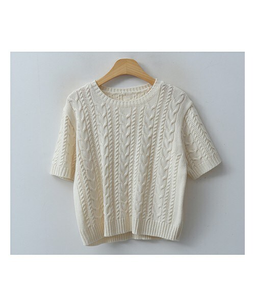 ENVYLOOK(エンビールック)の「ケーブル編み半袖ラウンドニット(ニット/セーター・レディース・그린/화이트/베이지/블루/블랙・FREE(44-66))」の2枚目の写真