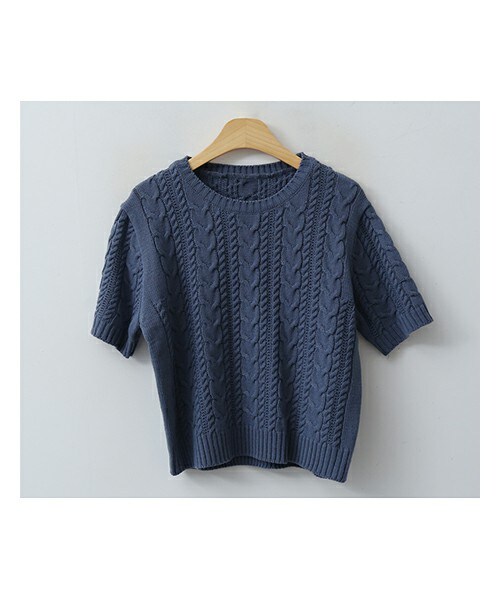 ENVYLOOK(エンビールック)の「ケーブル編み半袖ラウンドニット(ニット/セーター・レディース・그린/화이트/베이지/블루/블랙・FREE(44-66))」の5枚目の写真