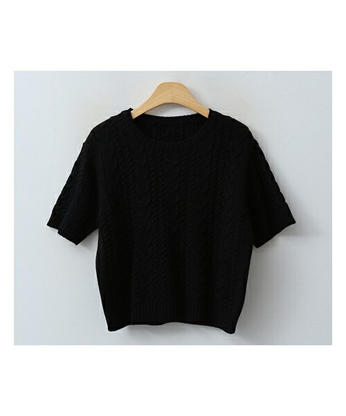 ENVYLOOK(エンビールック)の「ケーブル編み半袖ラウンドニット(ニット/セーター・レディース・그린/화이트/베이지/블루/블랙・FREE(44-66))」の3枚目の写真