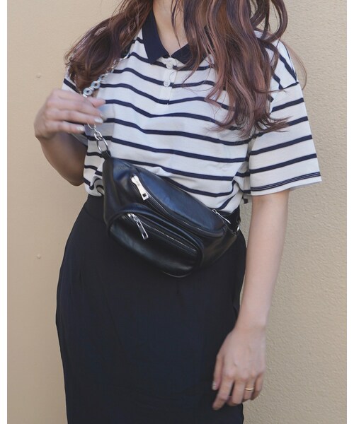 A.D.G（エーディージー）の「Loose Fit Border Polo-shirts (white)（ポロシャツ・レディース・ホワイト・FREE）」の2枚目の写真