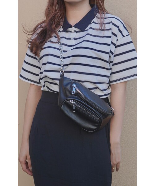A.D.G（エーディージー）の「Loose Fit Border Polo-shirts (white)（ポロシャツ・レディース・ホワイト・FREE）」の4枚目の写真